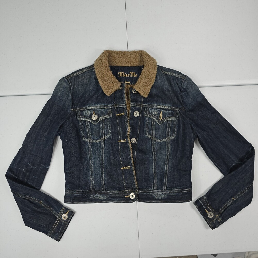 Miss Me Y2K Women L Dark Denim Trucker Jacket Collared Sherpa Lining Short